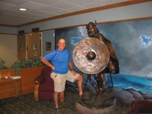 Ken with his Norse friend in the lobby of the motel in Rochester